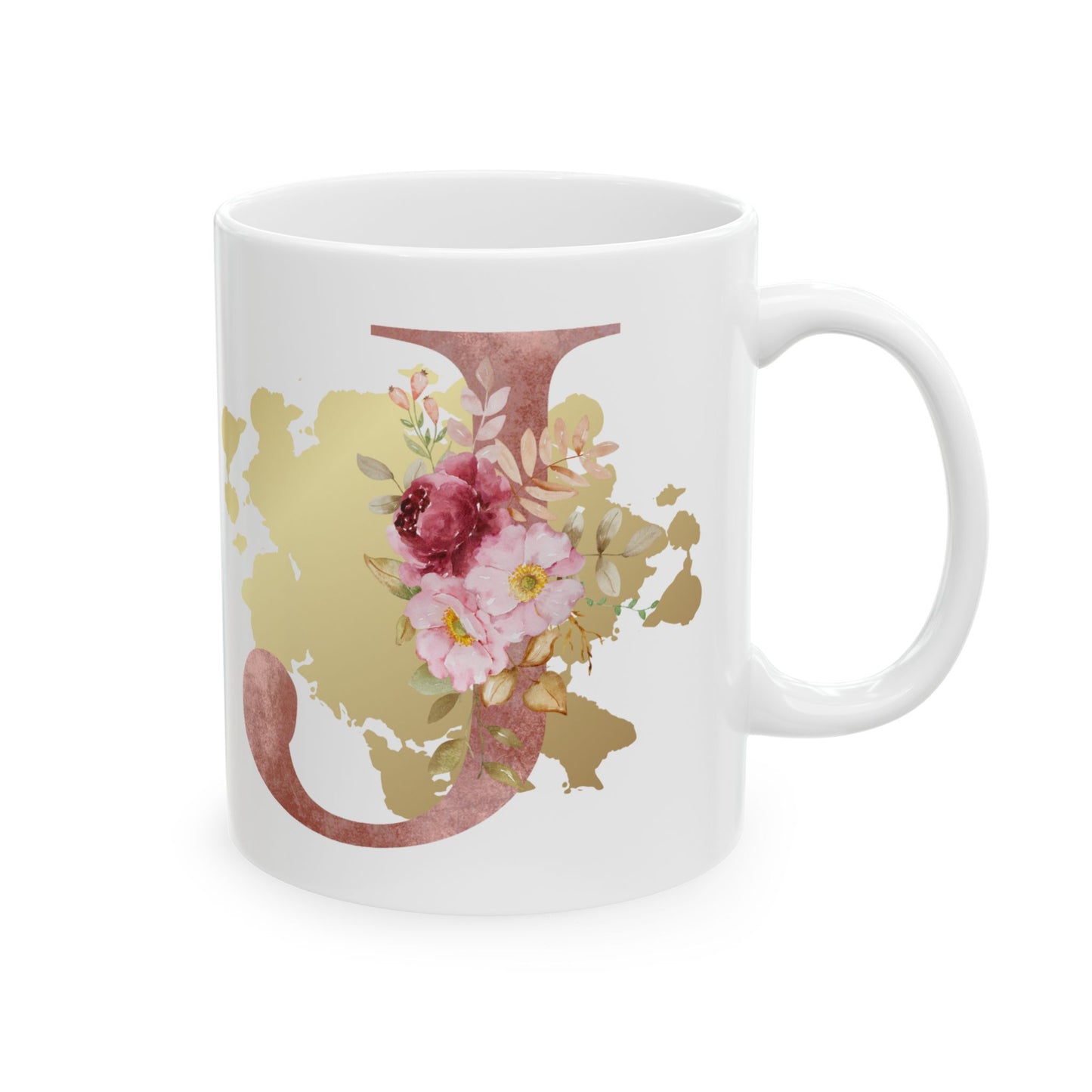 Ceramic Mug, (11oz) - Letter "J" Initial Pink Flower Gold Splash