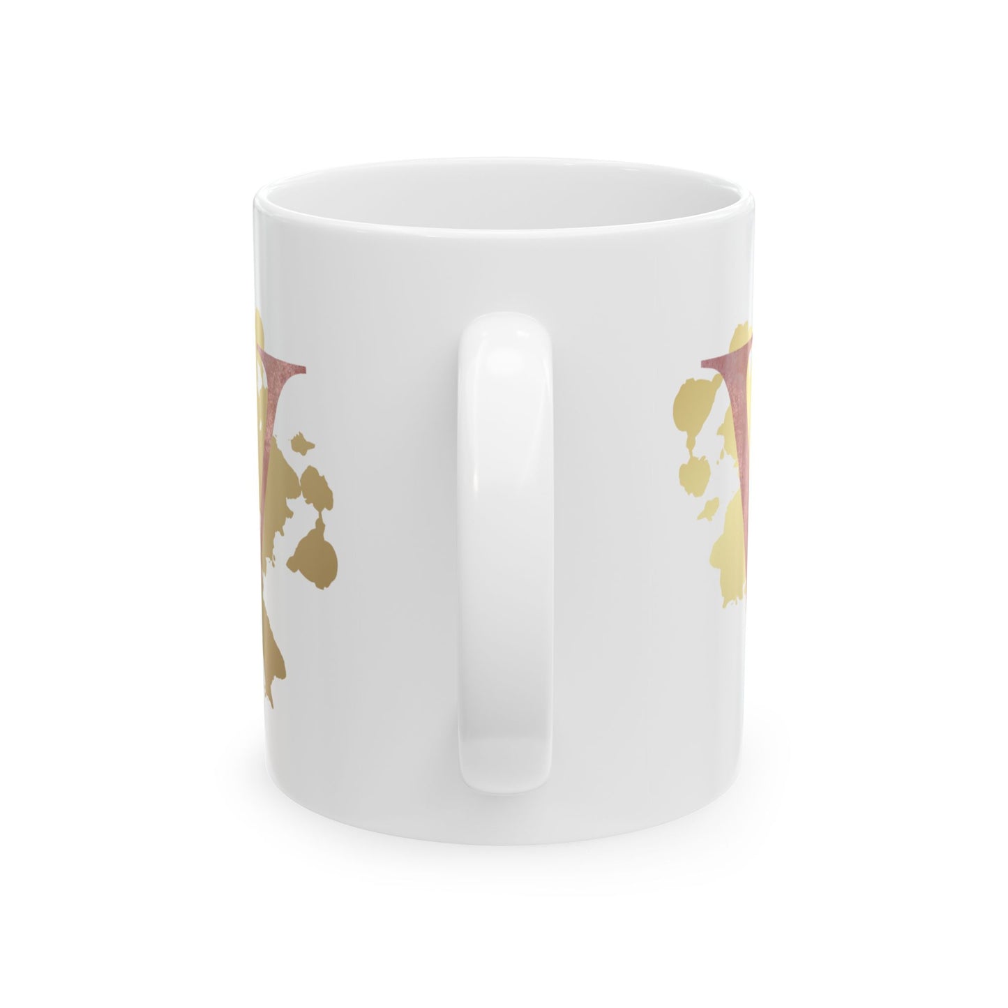 Ceramic Mug, (11oz) - Letter "W" Initial Pink Flower Gold Splash