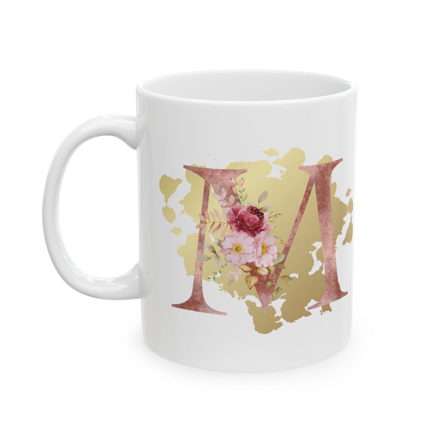 Ceramic Mug, (11oz) - Letter "M" Initial Pink Flower Gold Splash