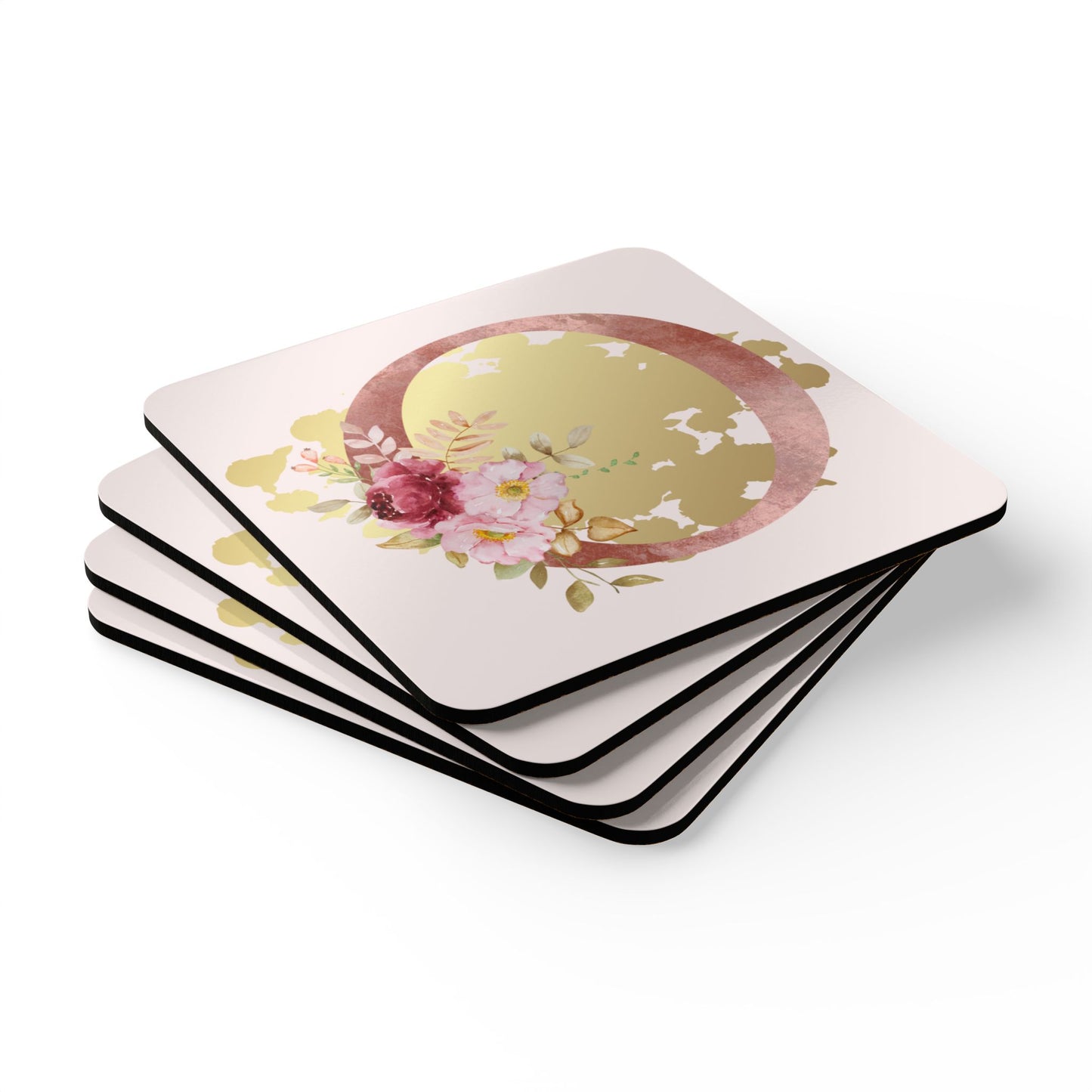 Coaster Set of 4 - Letter "O" Initial Pink Flower Gold Splash