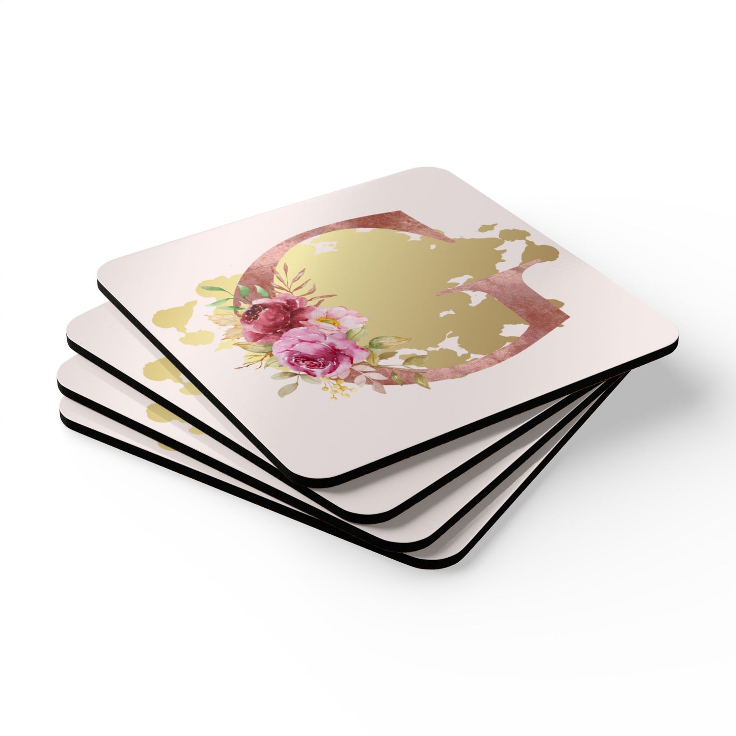 Coaster Set of 4 - Letter "G" Initial Pink Flower Gold Splash