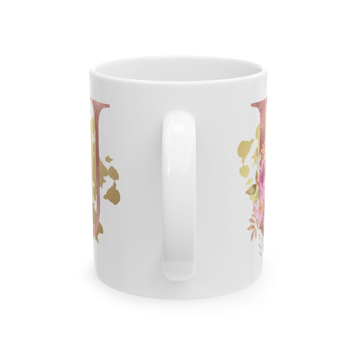 Ceramic Mug, (11oz) - Letter "U" Initial Pink Flower Gold Splash