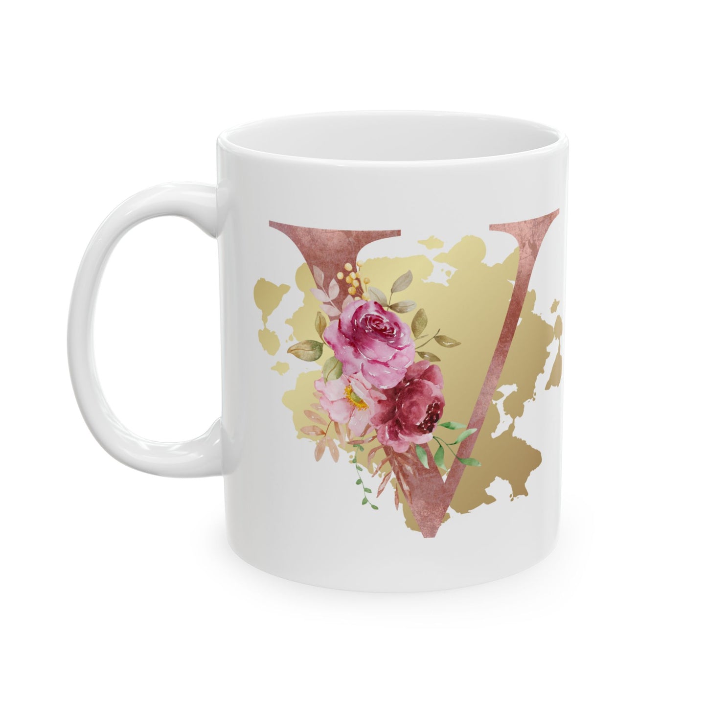 Ceramic Mug, (11oz) - Letter "V" Initial Pink Flower Gold Splash