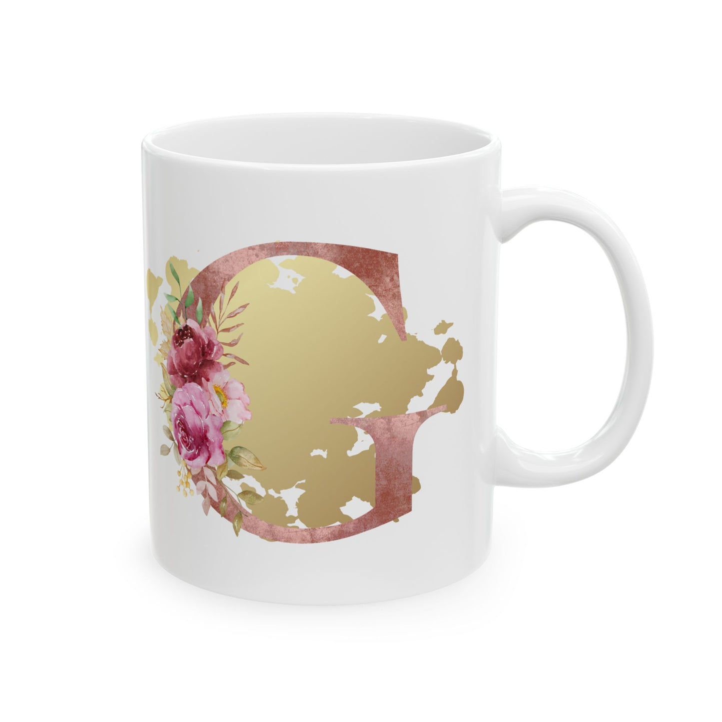 Ceramic Mug, (11oz) - Letter "G" Initial Pink Flower Gold Splash