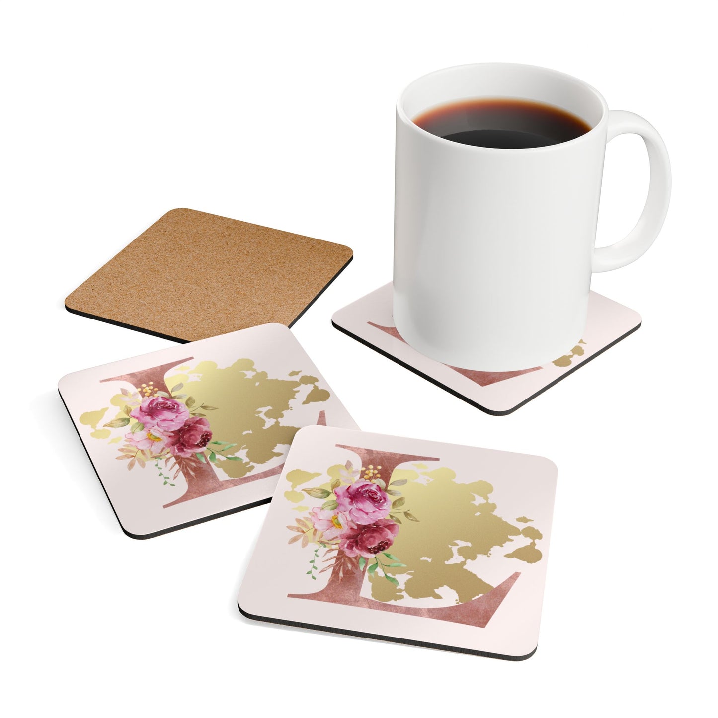 Coaster Set of 4 - Letter "L" Initial Pink Flower Gold Splash