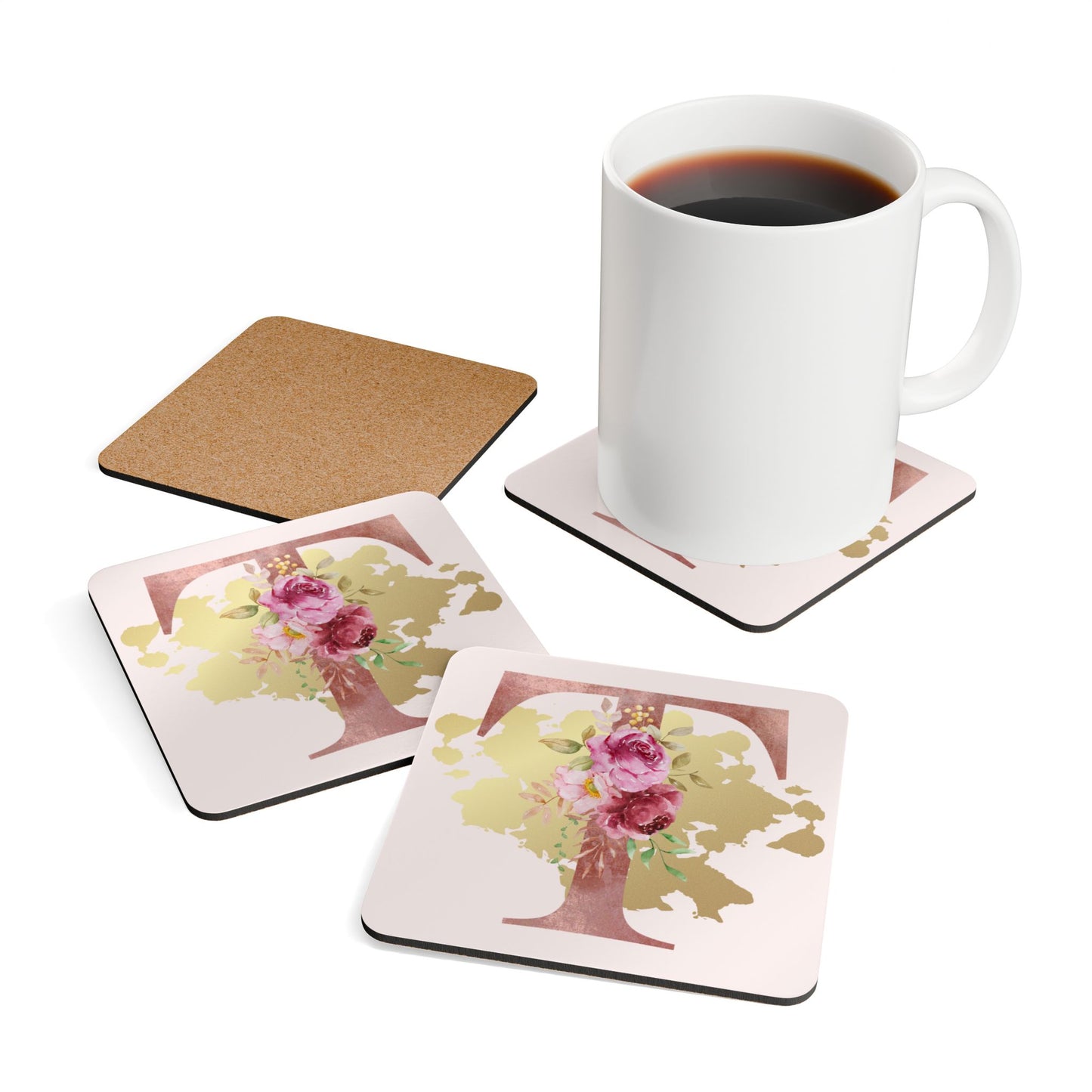Coaster Set of 4 - Letter "T" Initial Pink Flower Gold Splash