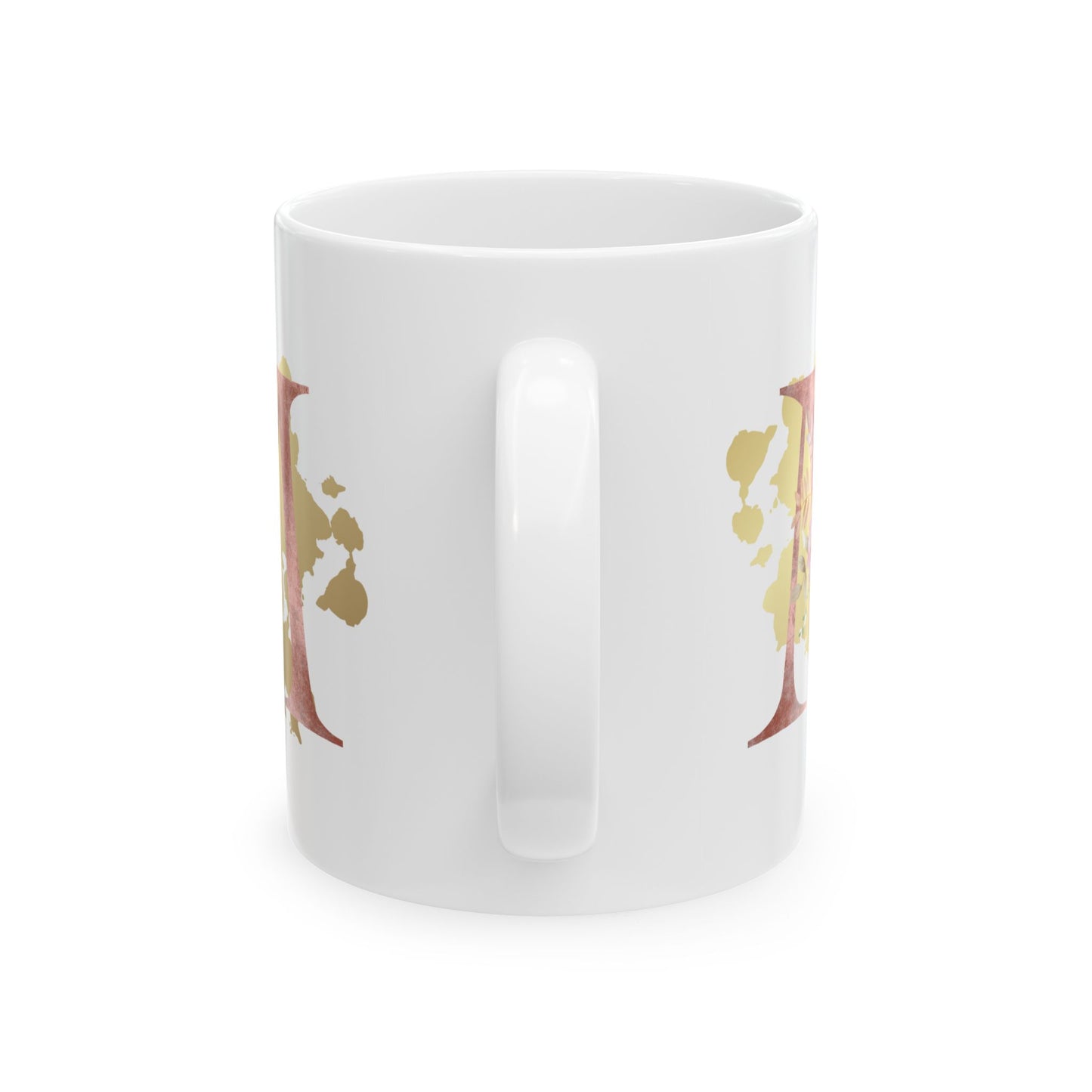 Ceramic Mug, (11oz) - Letter "M" Initial Pink Flower Gold Splash