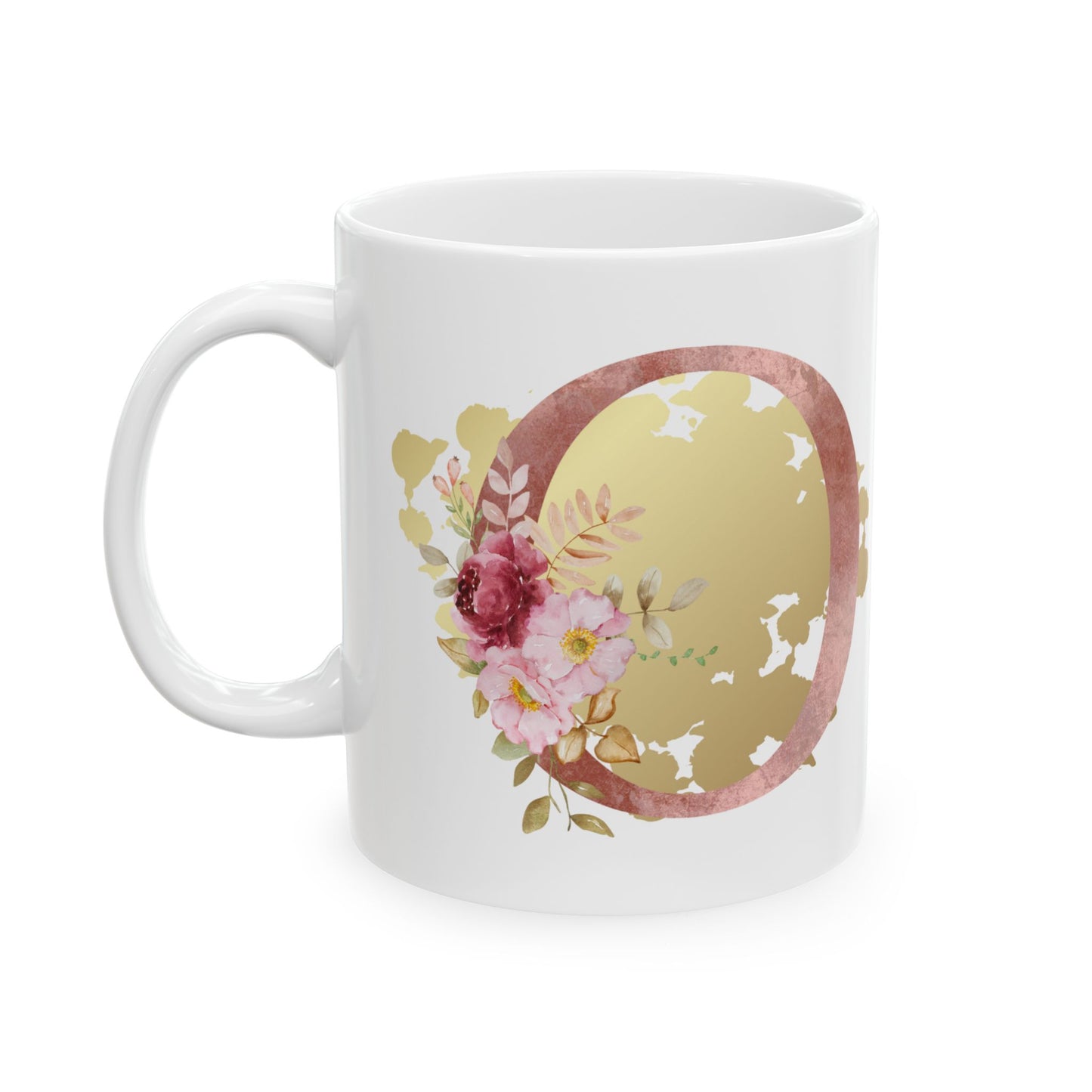 Ceramic Mug, (11oz) - Letter "O" Initial Pink Flower Gold Splash
