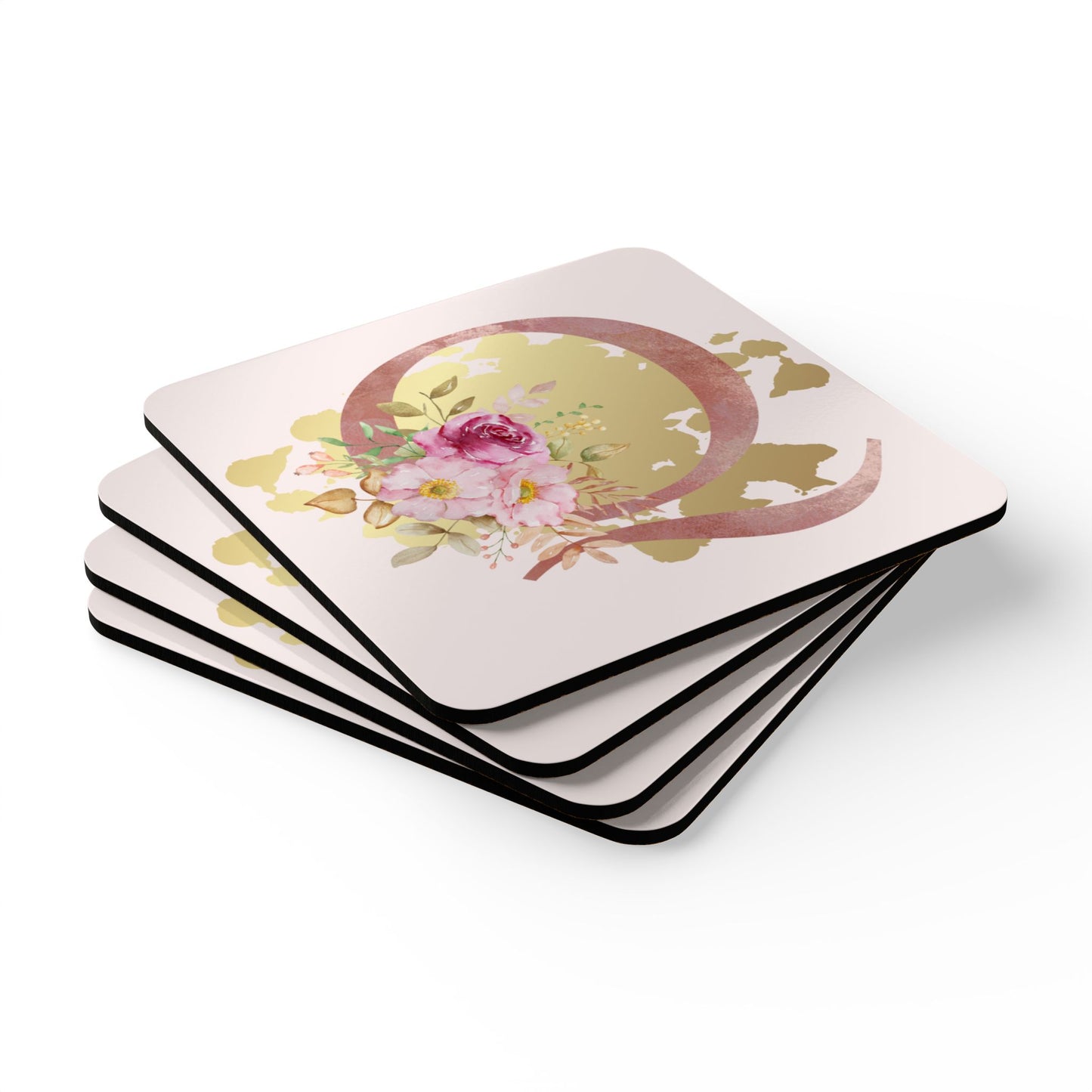 Coaster Set of 4 - Letter "Q" Initial Pink Flower Gold Splash