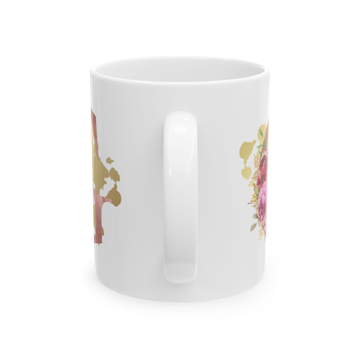 Ceramic Mug, (11oz) - Letter "G" Initial Pink Flower Gold Splash