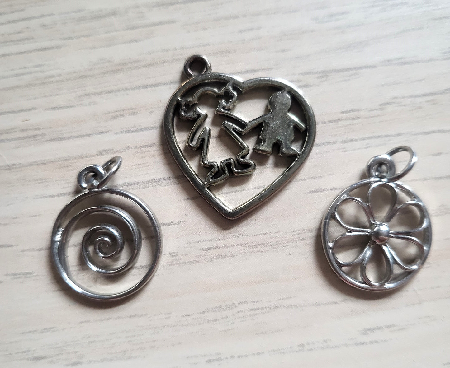 3 Silver Pendants Swirl Flower People Charms