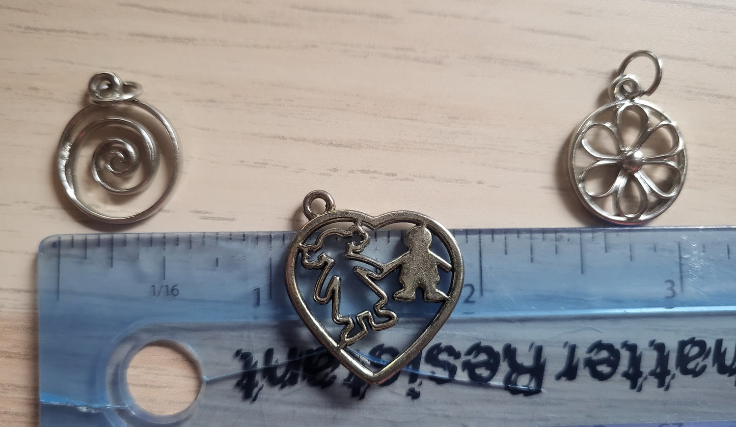 3 Silver Pendants Swirl Flower People Charms