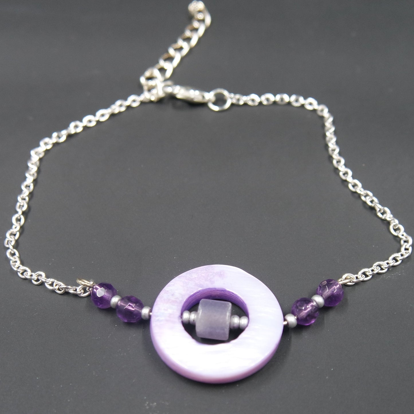 Unique Boho Purple Bead Adjustable Silver Chain Bracelet