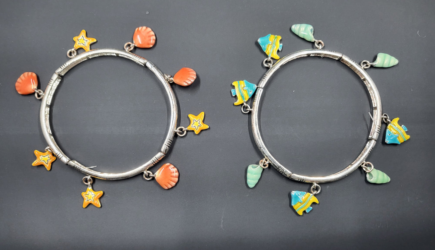 Stretch Bracelets Bangles Fish Shells Beach Sealife Charms Set of 2