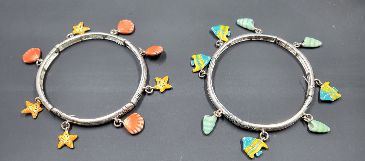 Stretch Bracelets Bangles Fish Shells Beach Sealife Charms Set of 2