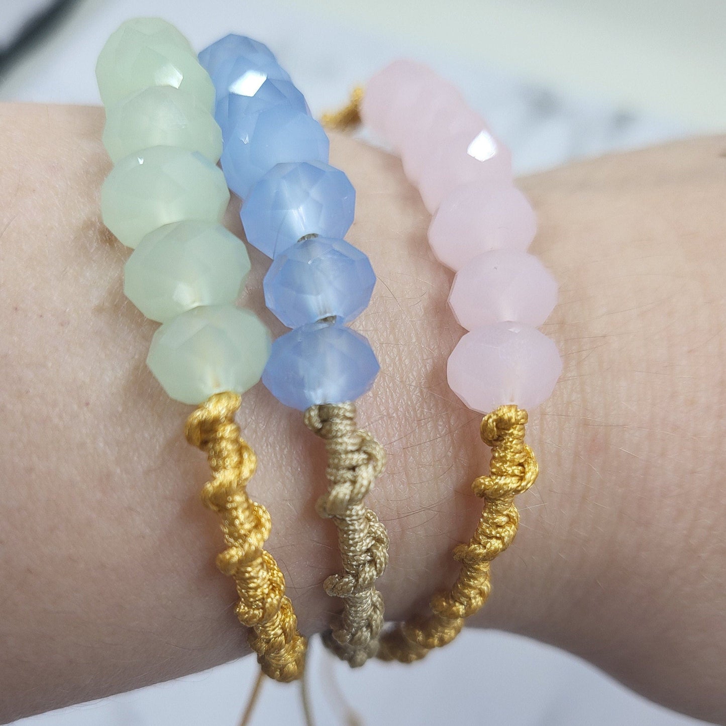 Pastel Beads Pink Blue Green Macrame Cord Knotted Bracelet Set