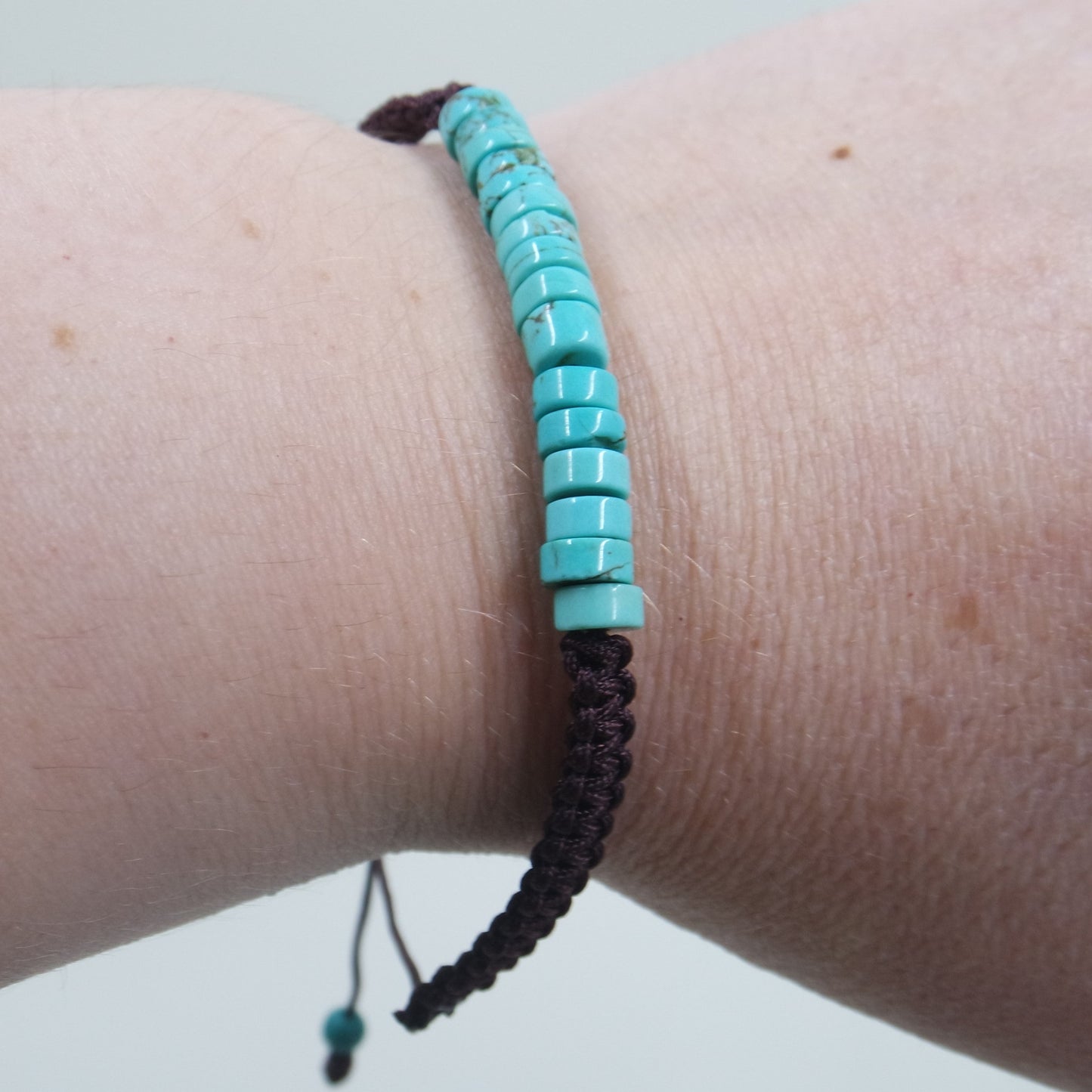 Turquoise Gemstone Coin Bead Macrame Knotted Adjustable Brown Cord Bracelet