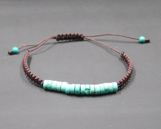 Turquoise Gemstone Coin Bead Macrame Knotted Adjustable Brown Cord Bracelet