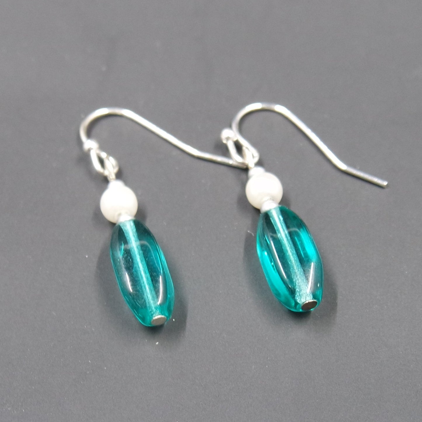 Elegant Blue Green Bead Dangle Silver Earrings