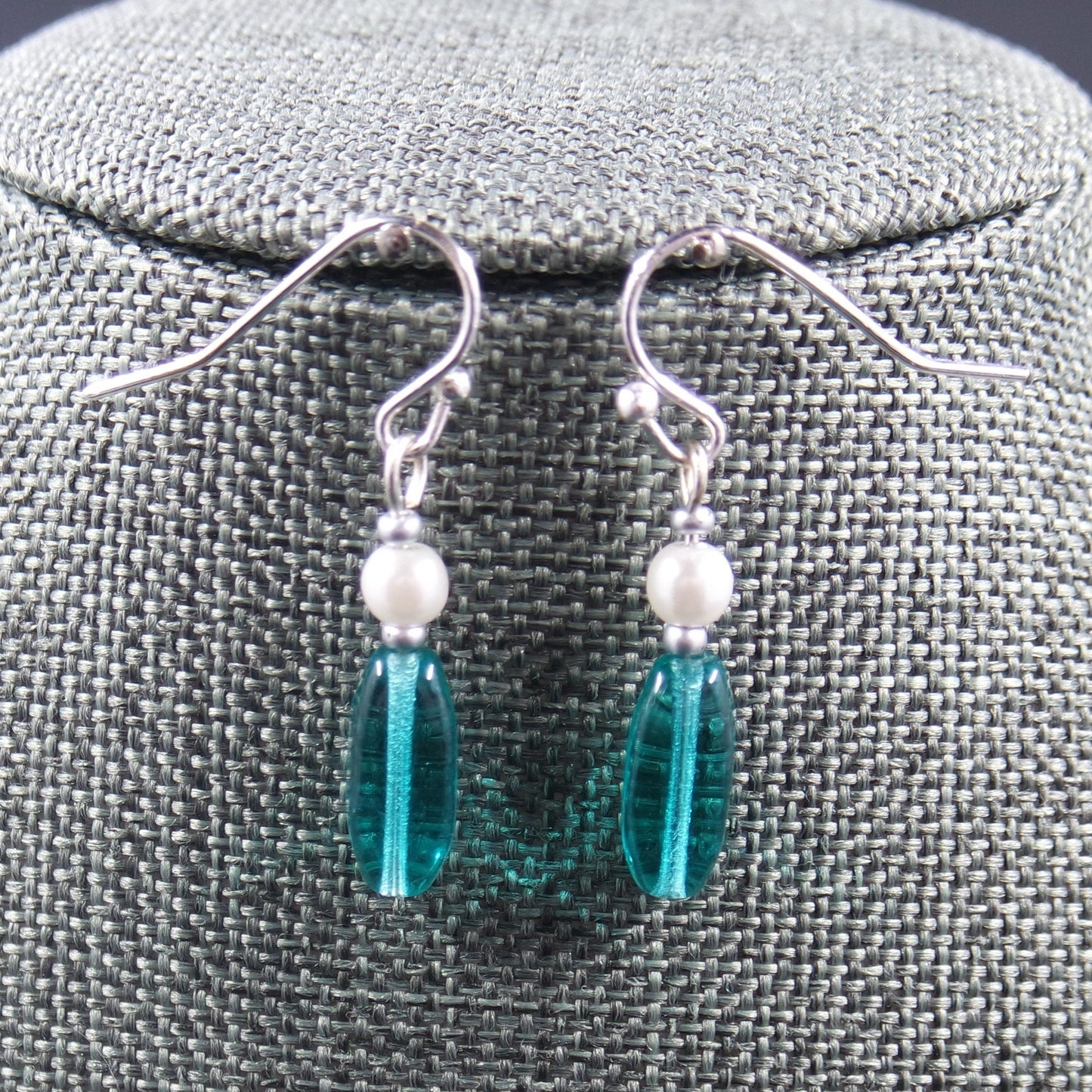 Elegant Blue Green Bead Dangle Silver Earrings