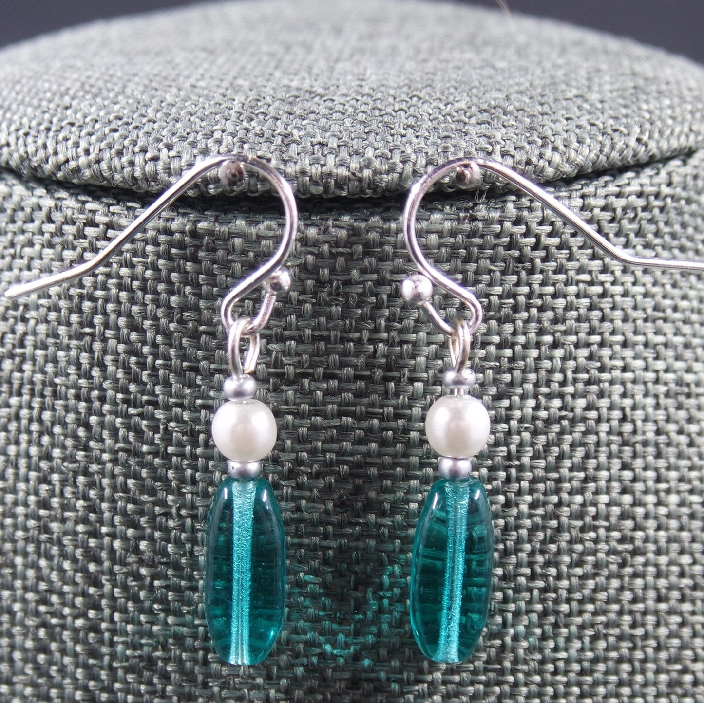 Elegant Blue Green Bead Dangle Silver Earrings