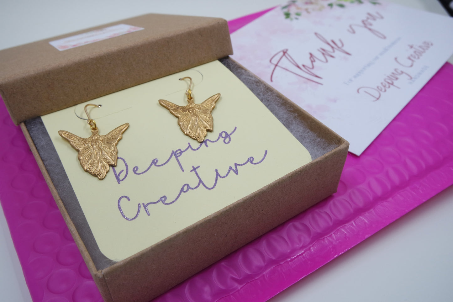 Art Deco Gold Brass Fairy Angel Handmade Dangle Drop Earrings