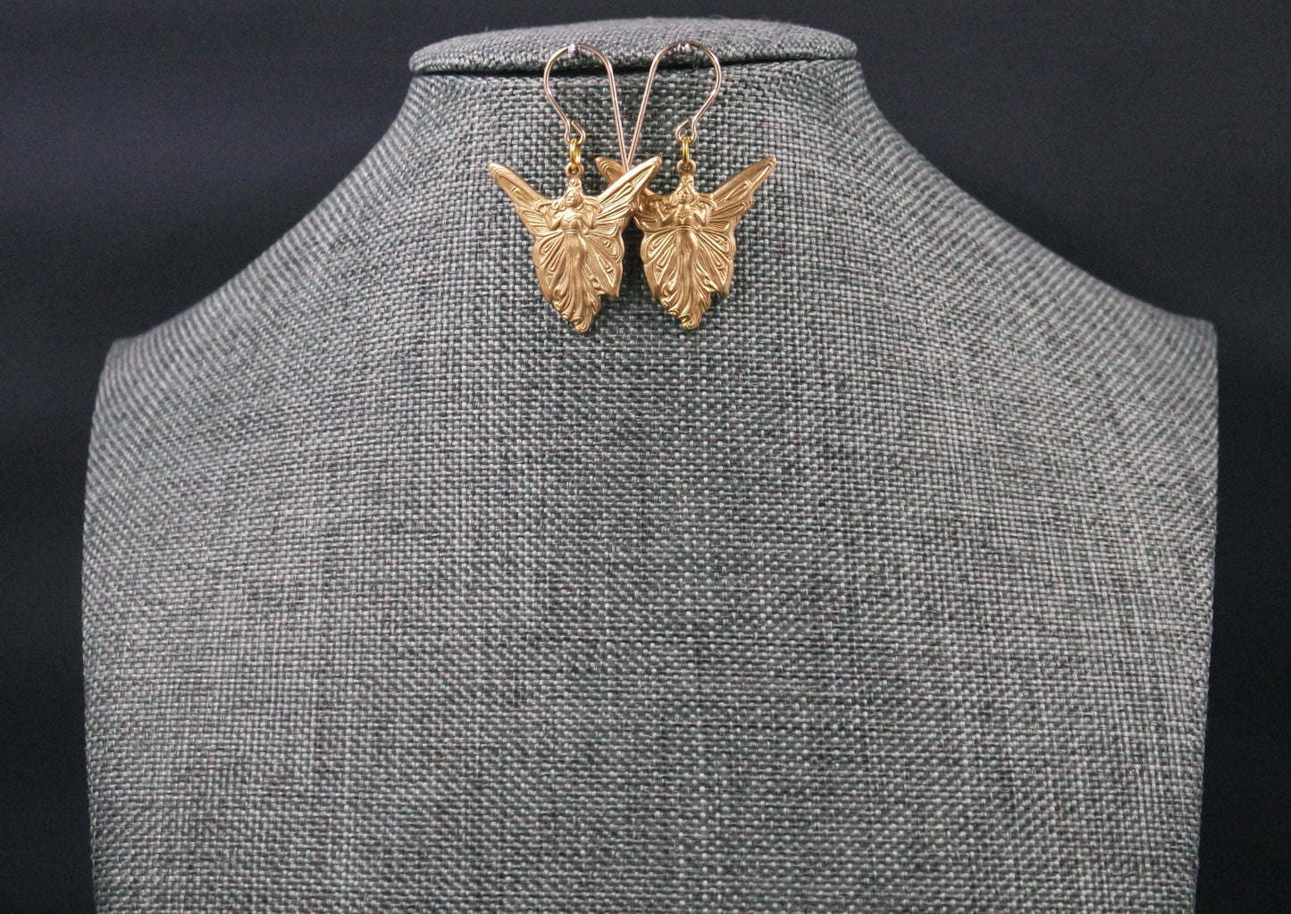Art Deco Gold Brass Fairy Angel Handmade Dangle Drop Earrings