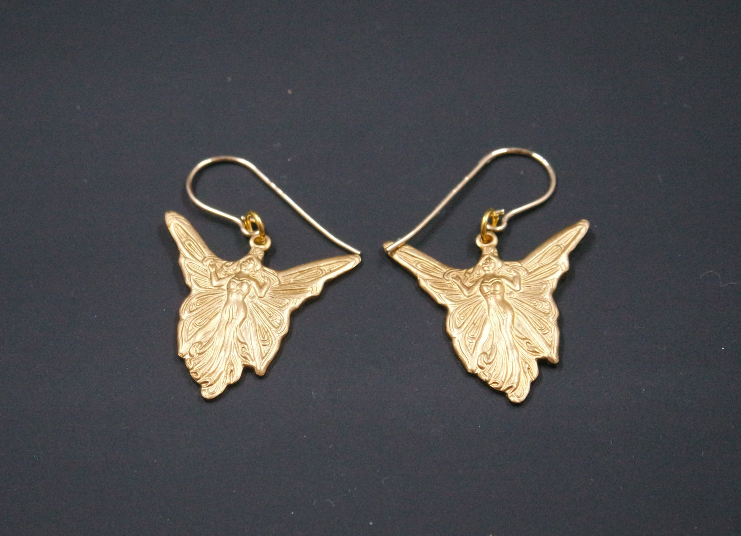 Art Deco Gold Brass Fairy Angel Handmade Dangle Drop Earrings