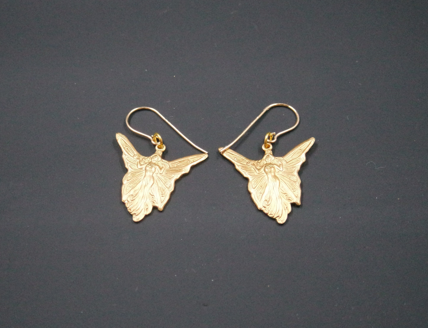 Art Deco Gold Brass Fairy Angel Handmade Dangle Drop Earrings