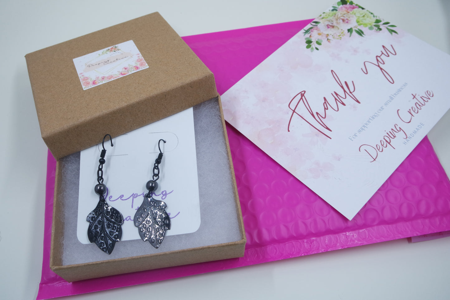 black leaf feather bead metallic texture handmade dangle drop earrings