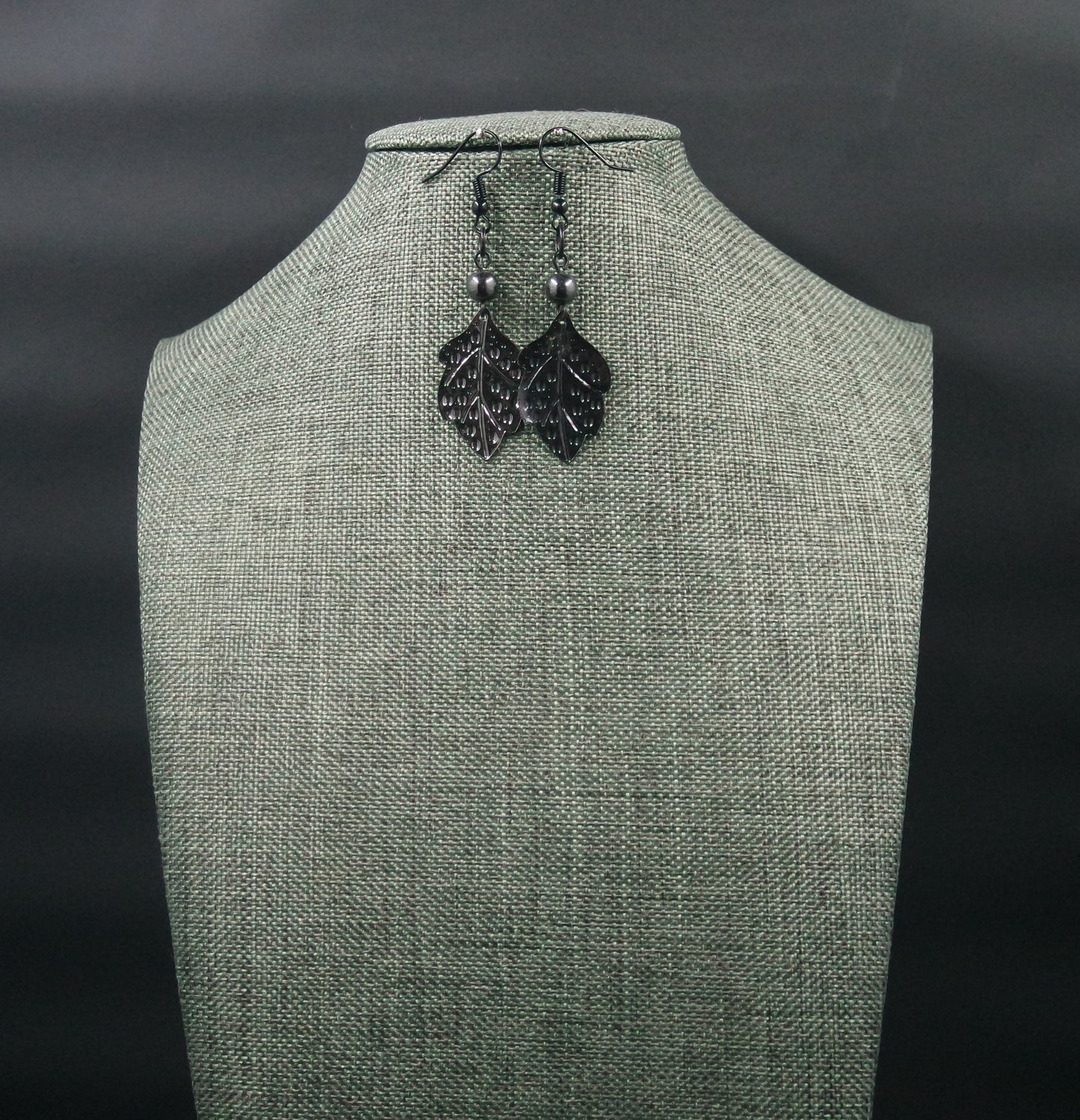 black leaf feather bead metallic texture handmade dangle drop earrings