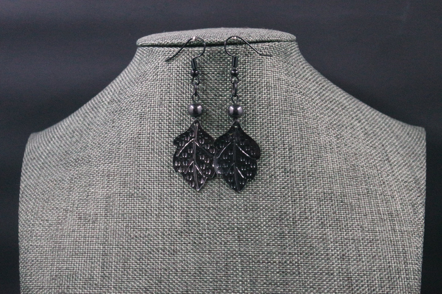 black leaf feather bead metallic texture handmade dangle drop earrings