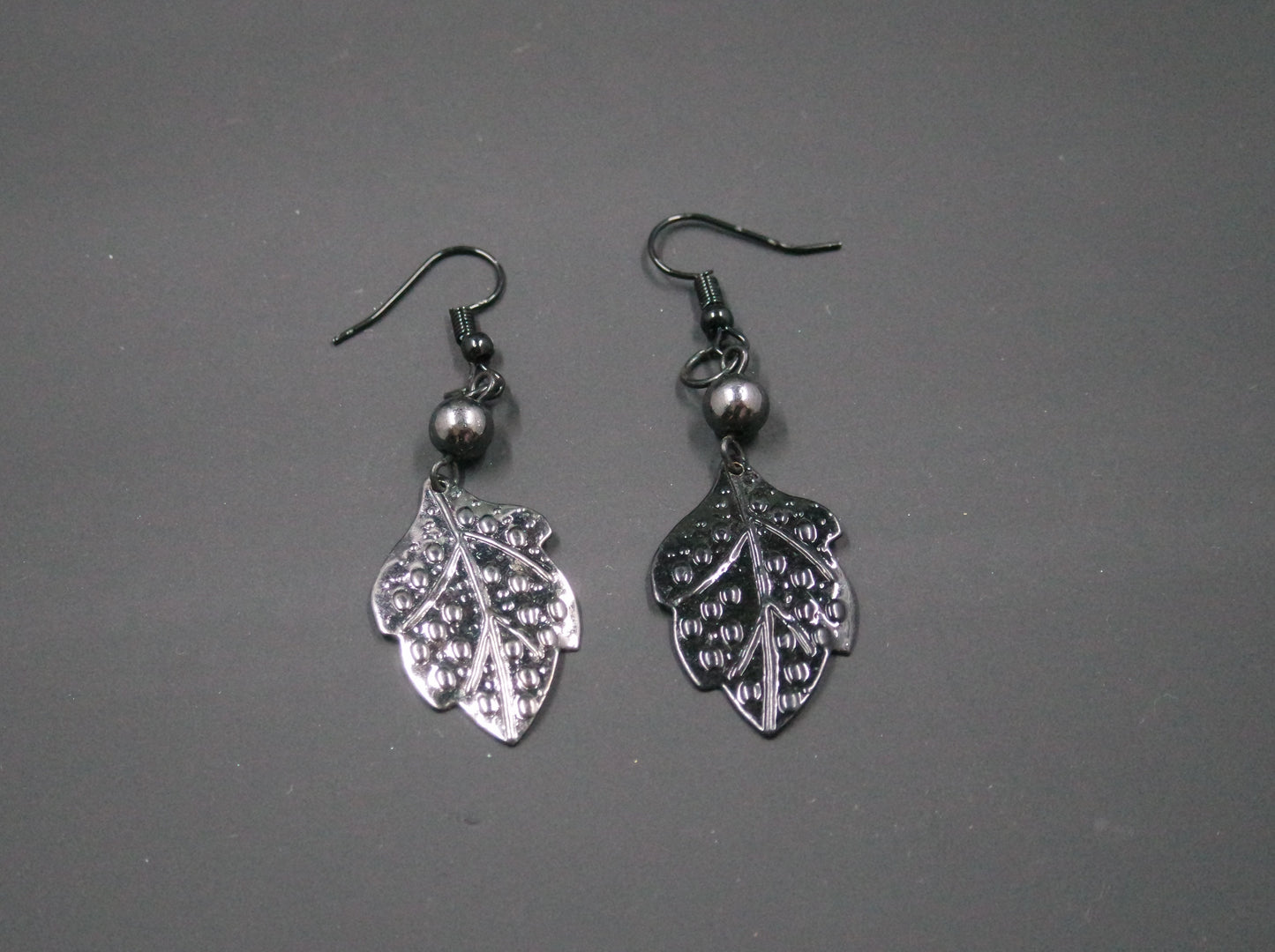 black leaf feather bead metallic texture handmade dangle drop earrings