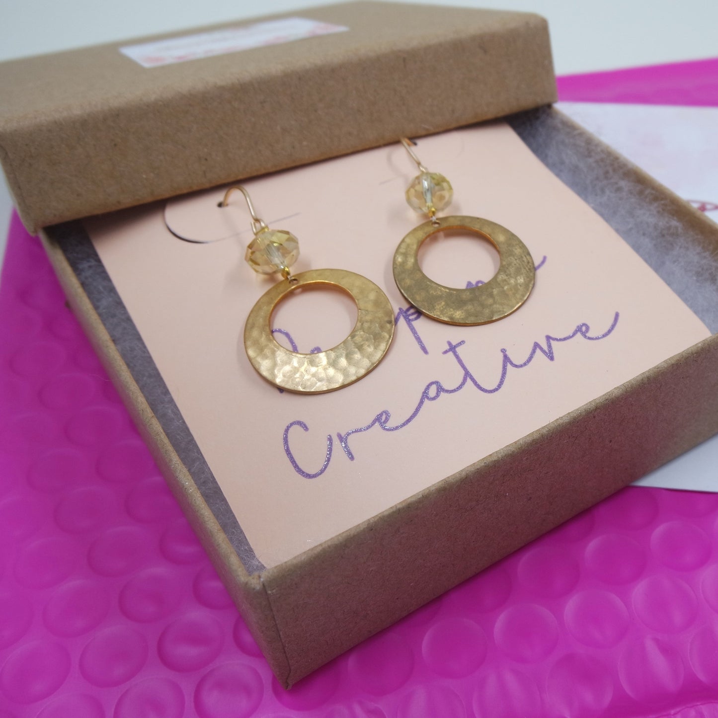 Earrings Hammered Textured Brass Circle Sparkle Bead Gold Plated Ear Wire