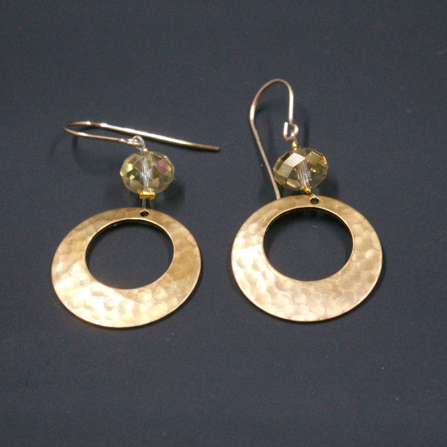 Earrings Hammered Textured Brass Circle Sparkle Bead Gold Plated Ear Wire