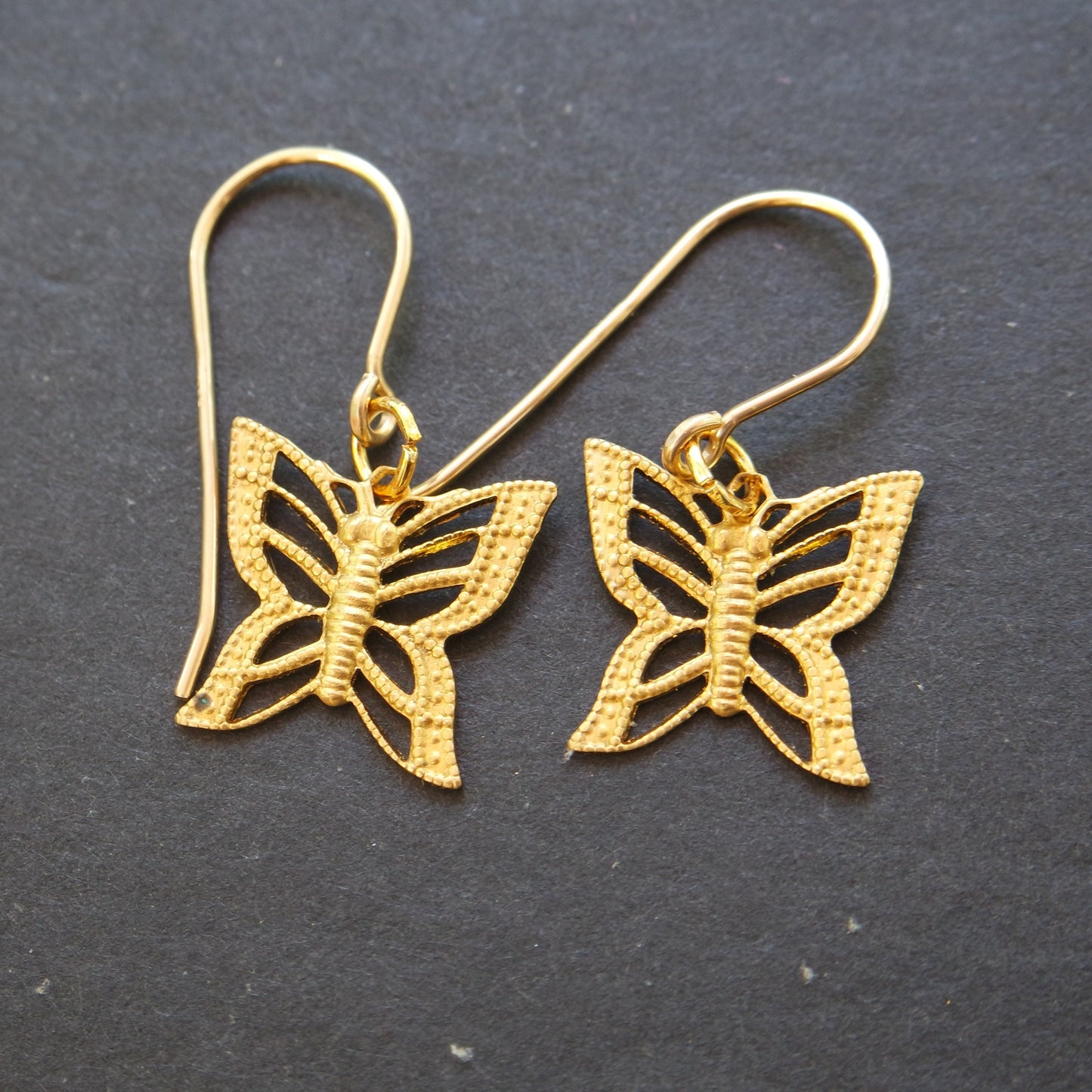 Dainty Brass Gold Filigree Butterfly Dangle Drop Hook Handmade Earrings