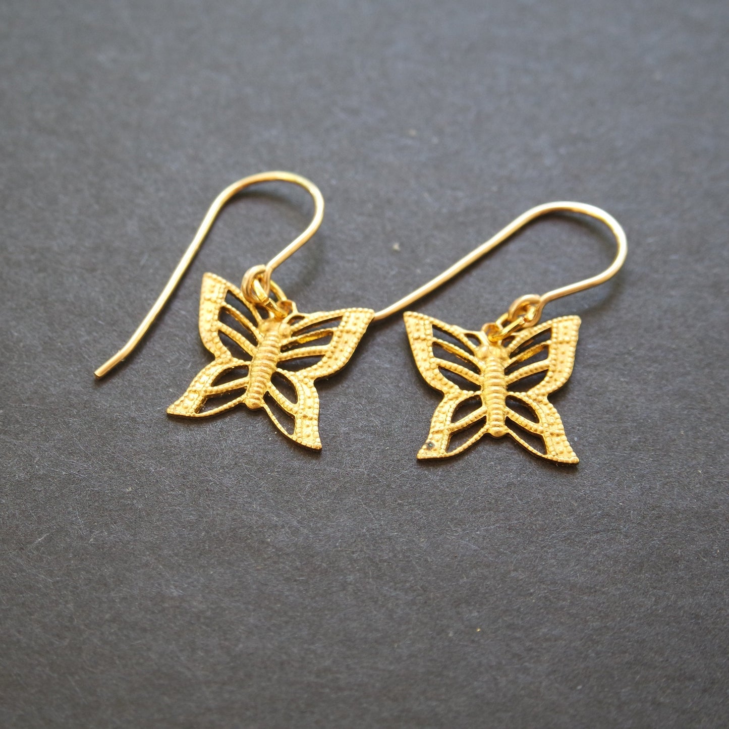 Dainty Brass Gold Filigree Butterfly Dangle Drop Hook Handmade Earrings