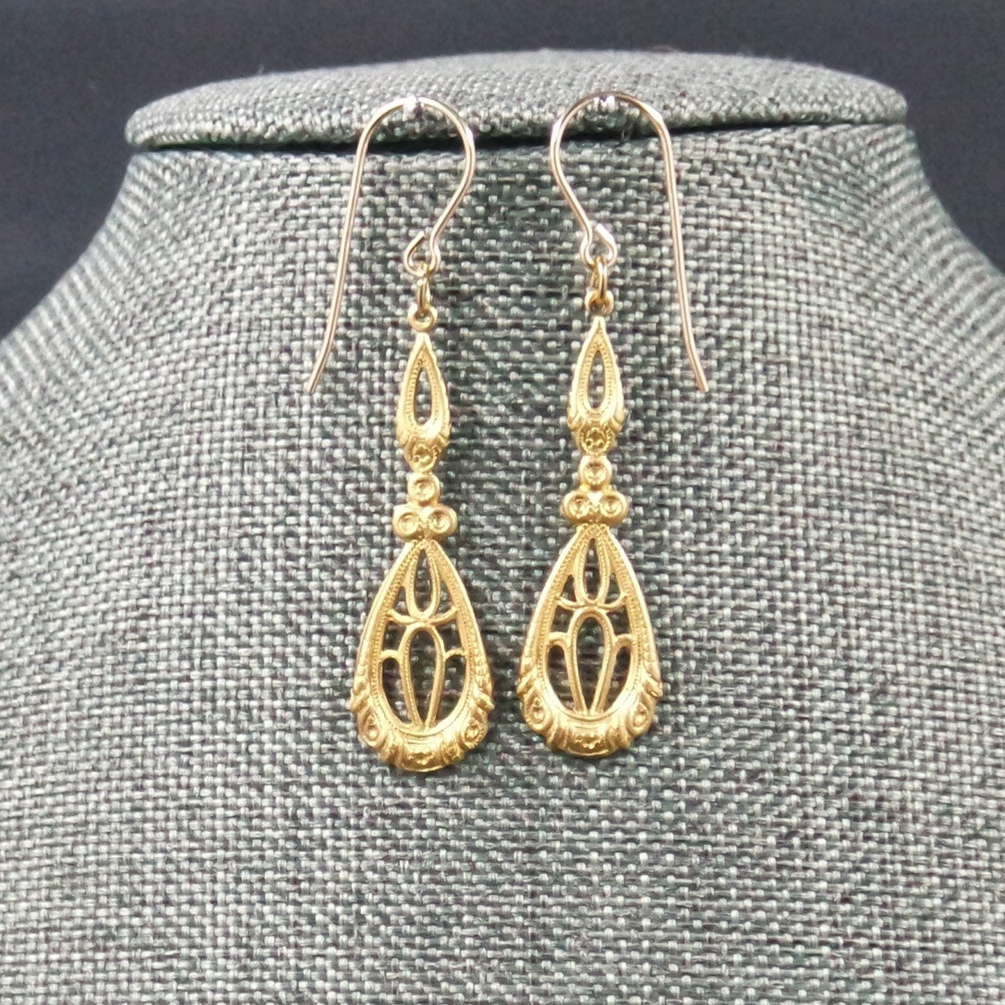 Filigree Brass Gold Art Deco Dangle Earrings - Design A