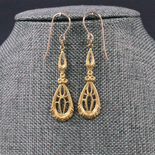 Filigree Brass Gold Art Deco Dangle Earrings - Design A