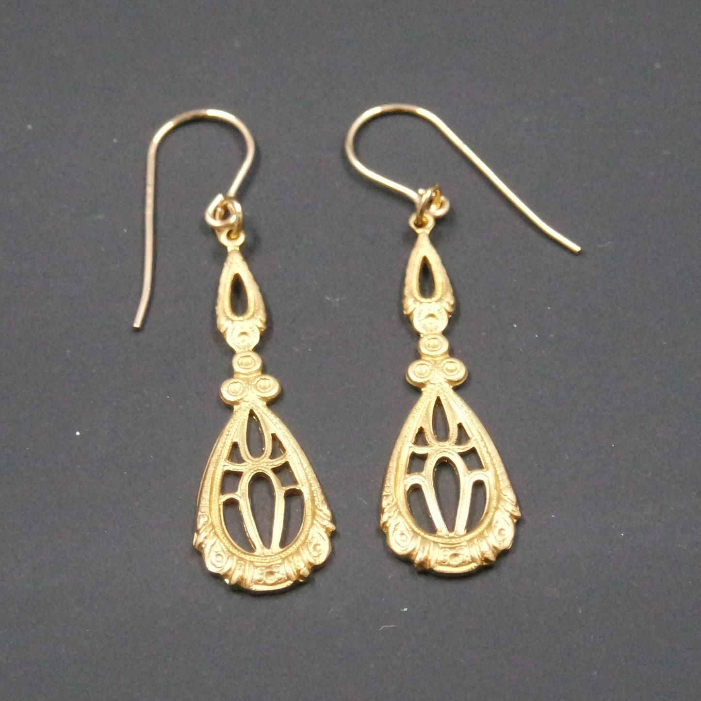 Filigree Brass Gold Art Deco Dangle Earrings - Design A