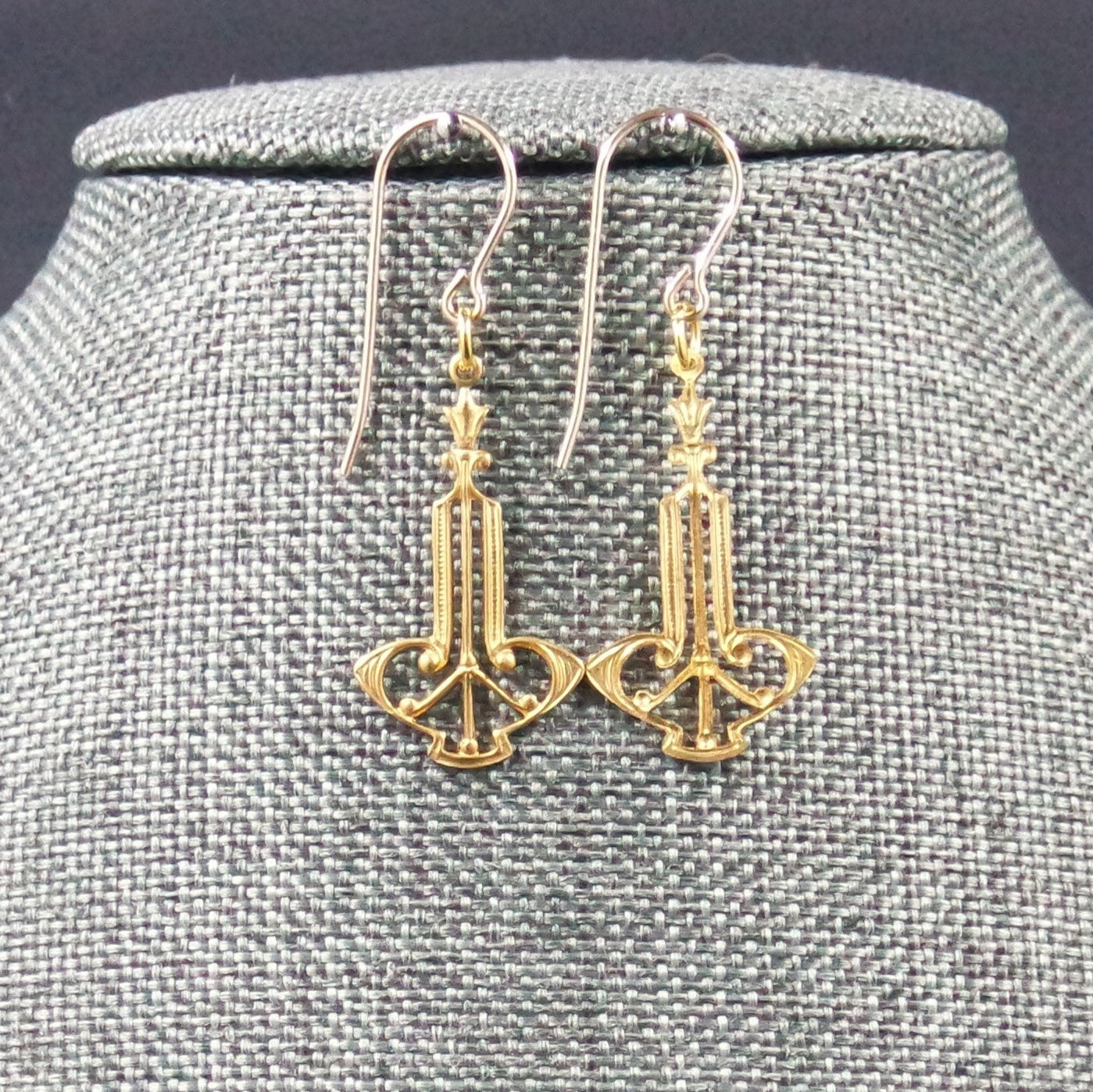 Filigree Brass Gold Art Deco Dangle Earrings - Design B