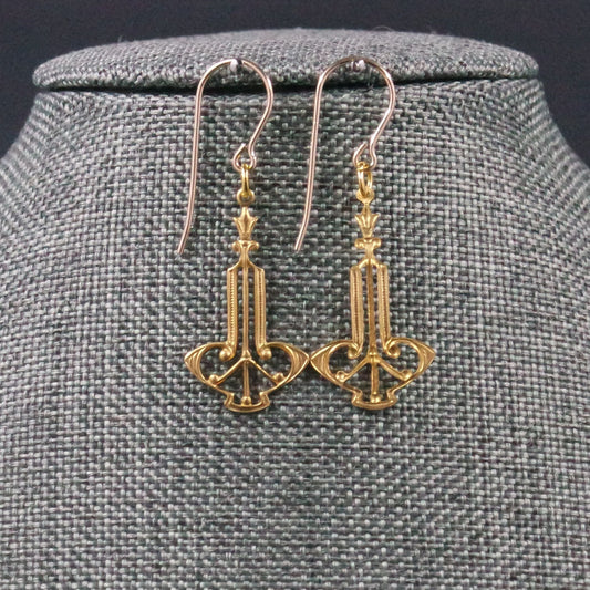 Filigree Brass Gold Art Deco Dangle Earrings - Design B