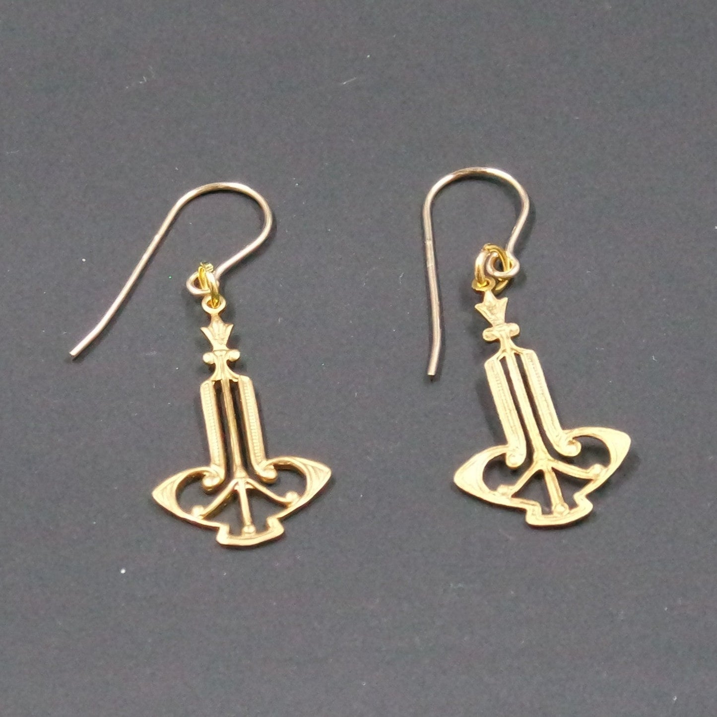 Filigree Brass Gold Art Deco Dangle Earrings - Design B