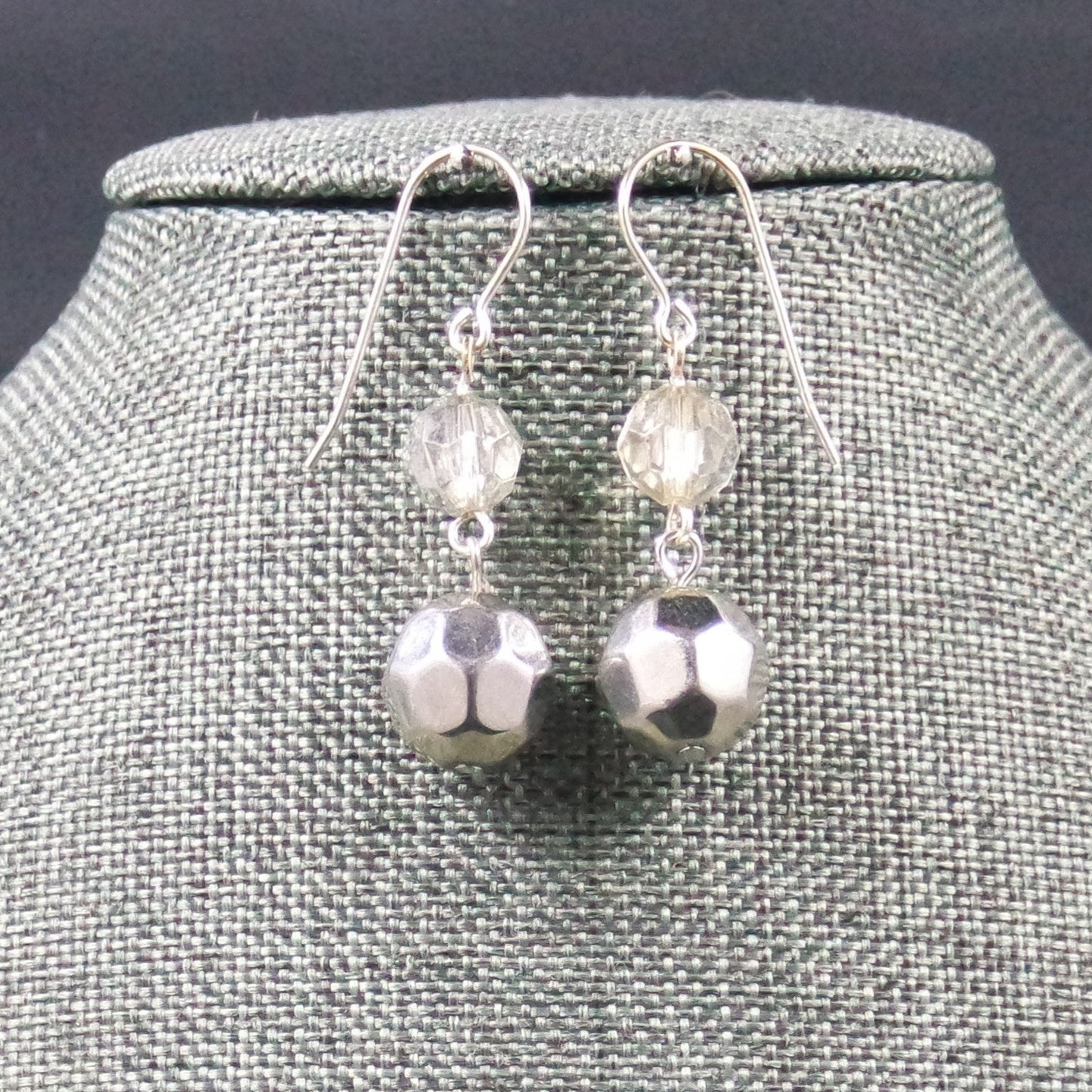 Silver Disco Ball Sparkle Bead Dangle Drop Hook Handmade Earrings
