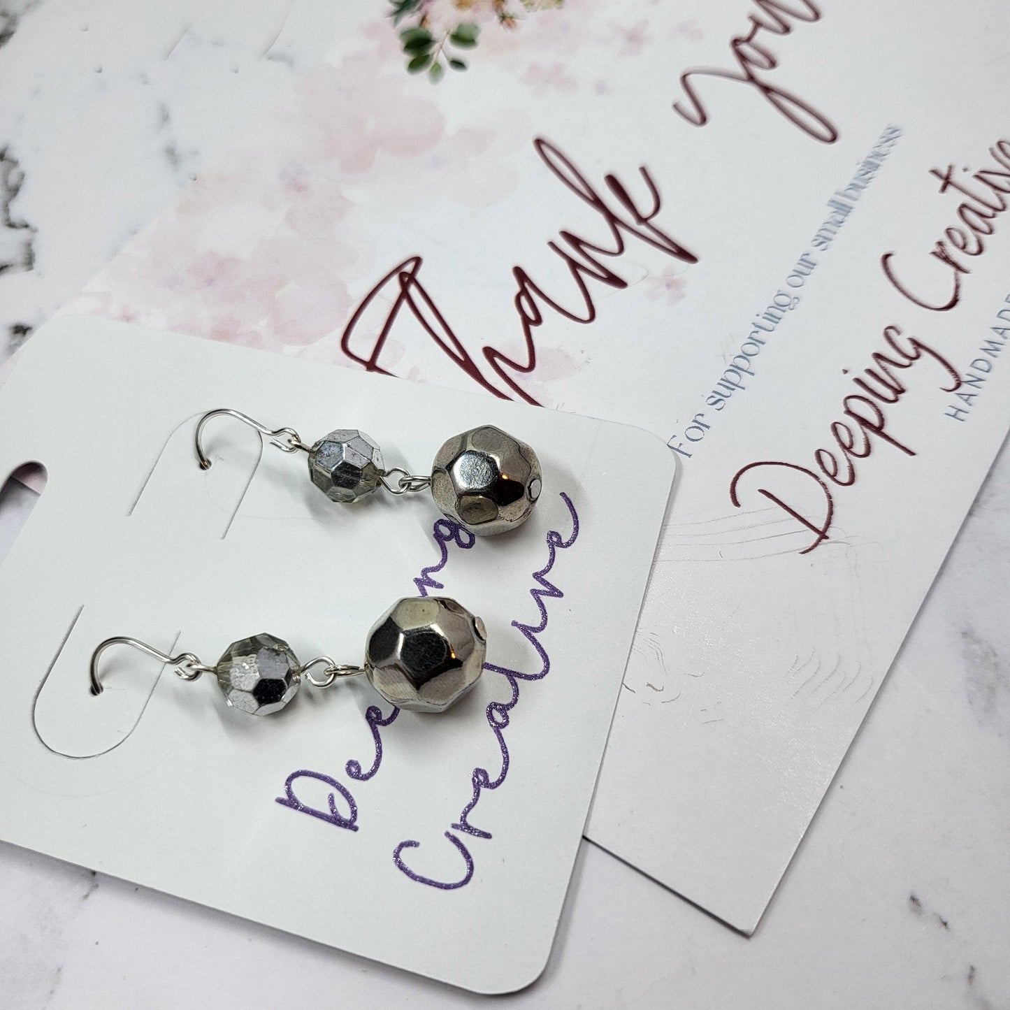 Silver Disco Ball Sparkle Bead Dangle Drop Hook Handmade Earrings