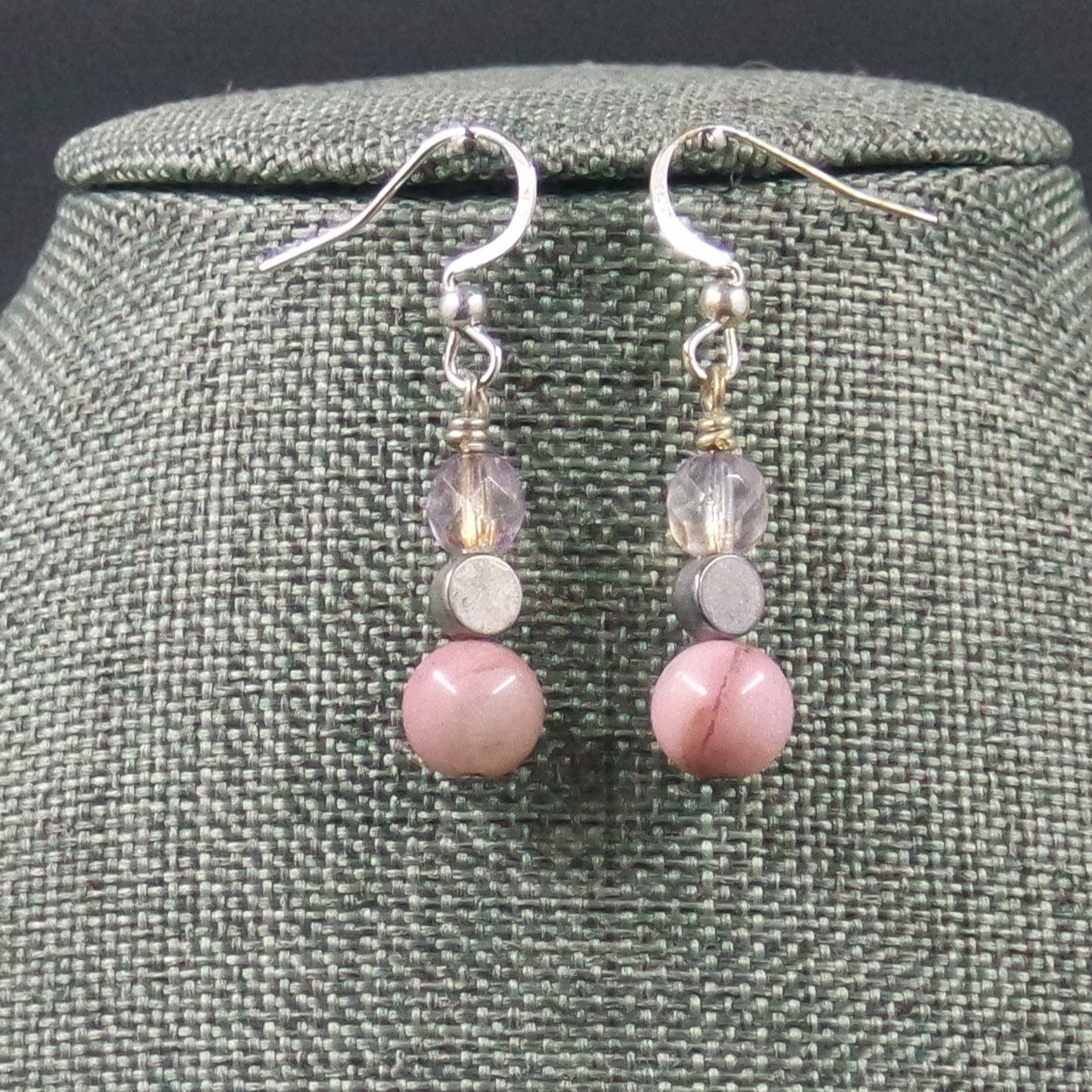 Pink Silver Dangle Bead Earrings