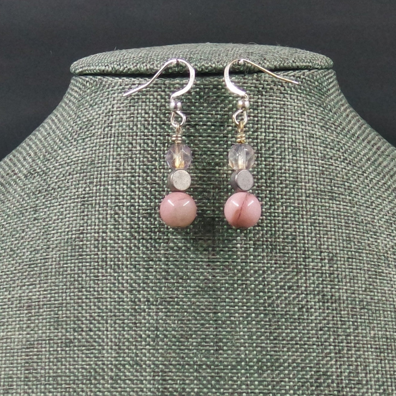 Pink Silver Dangle Bead Earrings
