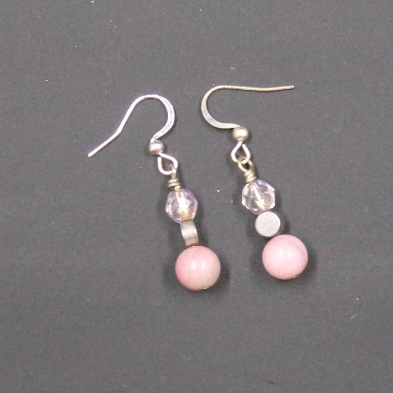 Pink Silver Dangle Bead Earrings