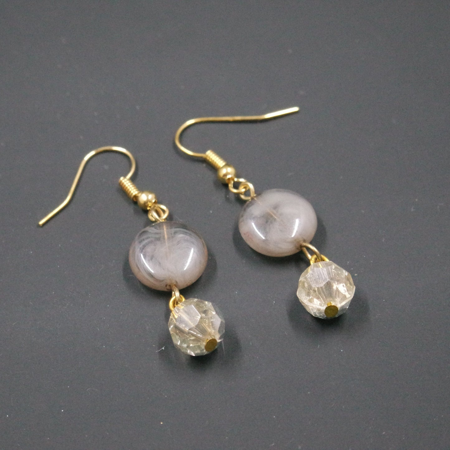 Purple Crystal Round Bead Gold Dangle Drop Hook Handmade Earrings