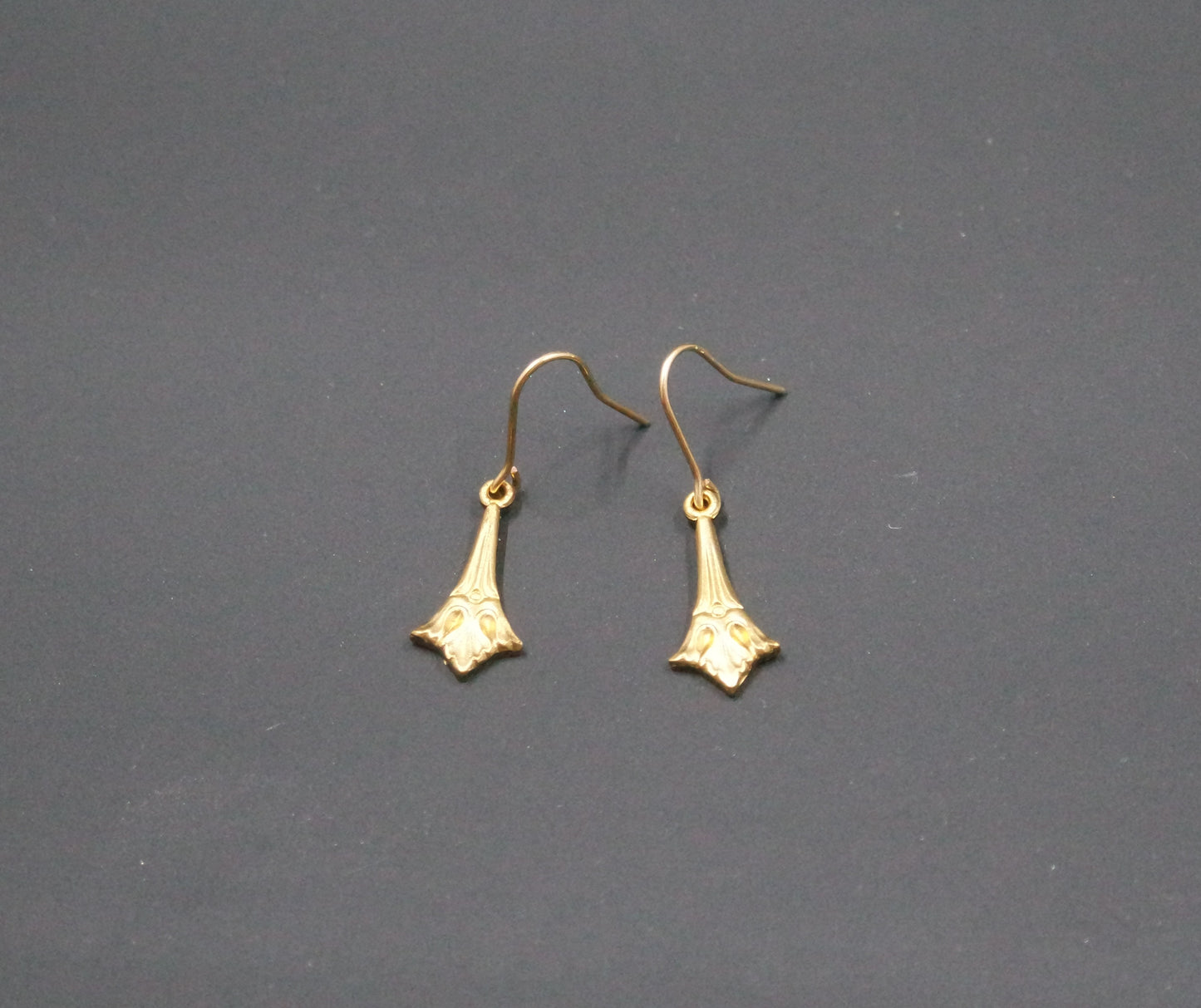 Art Deco Brass Gold Simple Intricate Small Dangle Drop Earrings